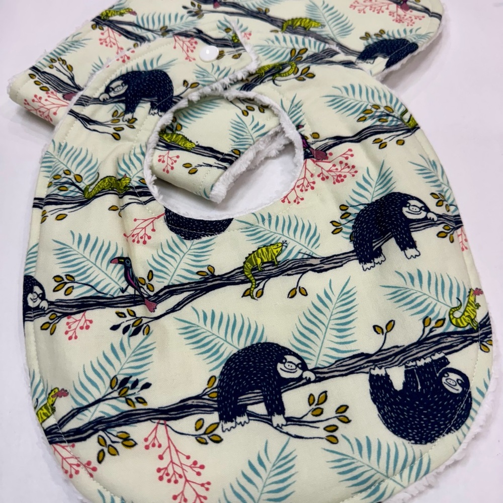 Sloth Bib & Burp Cloth Baby Set - Cream, Green and Black